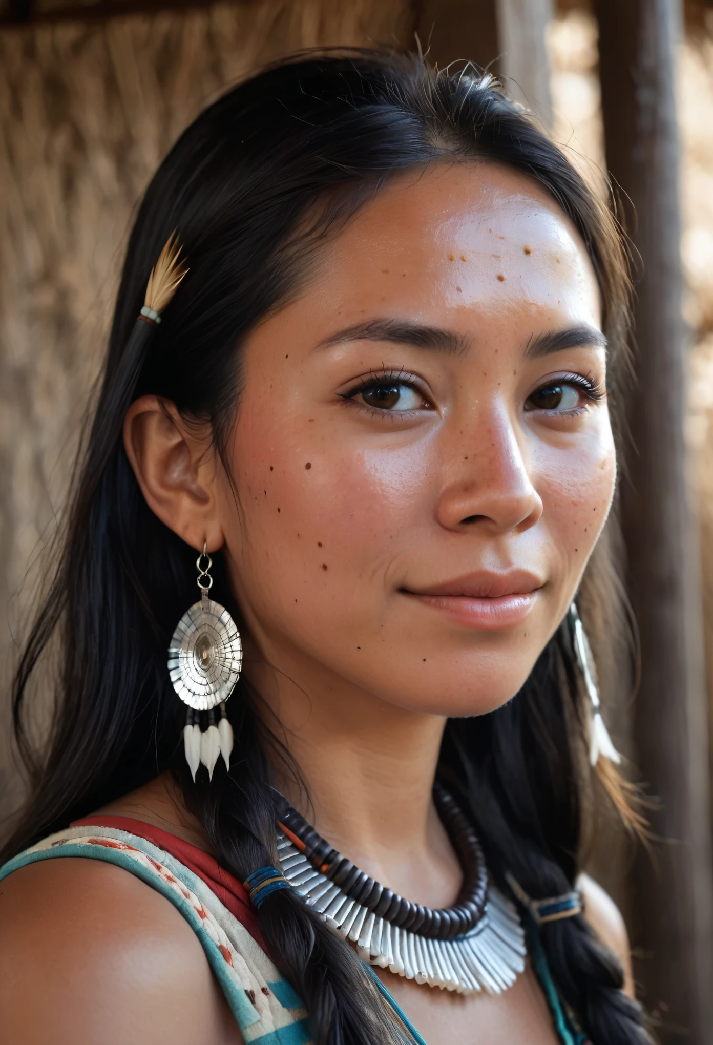 hyper-realistic photograph, woman, a slight smile, side view looking away from the camera, close-up detail, embodying the resonance and depth of indigenous culture, in the style of photorealism, I can't believe how beautiful this is, flawless skin, photorealistic, shot on a Canon A7III --no freckles --ar 1:2 --stylize 750