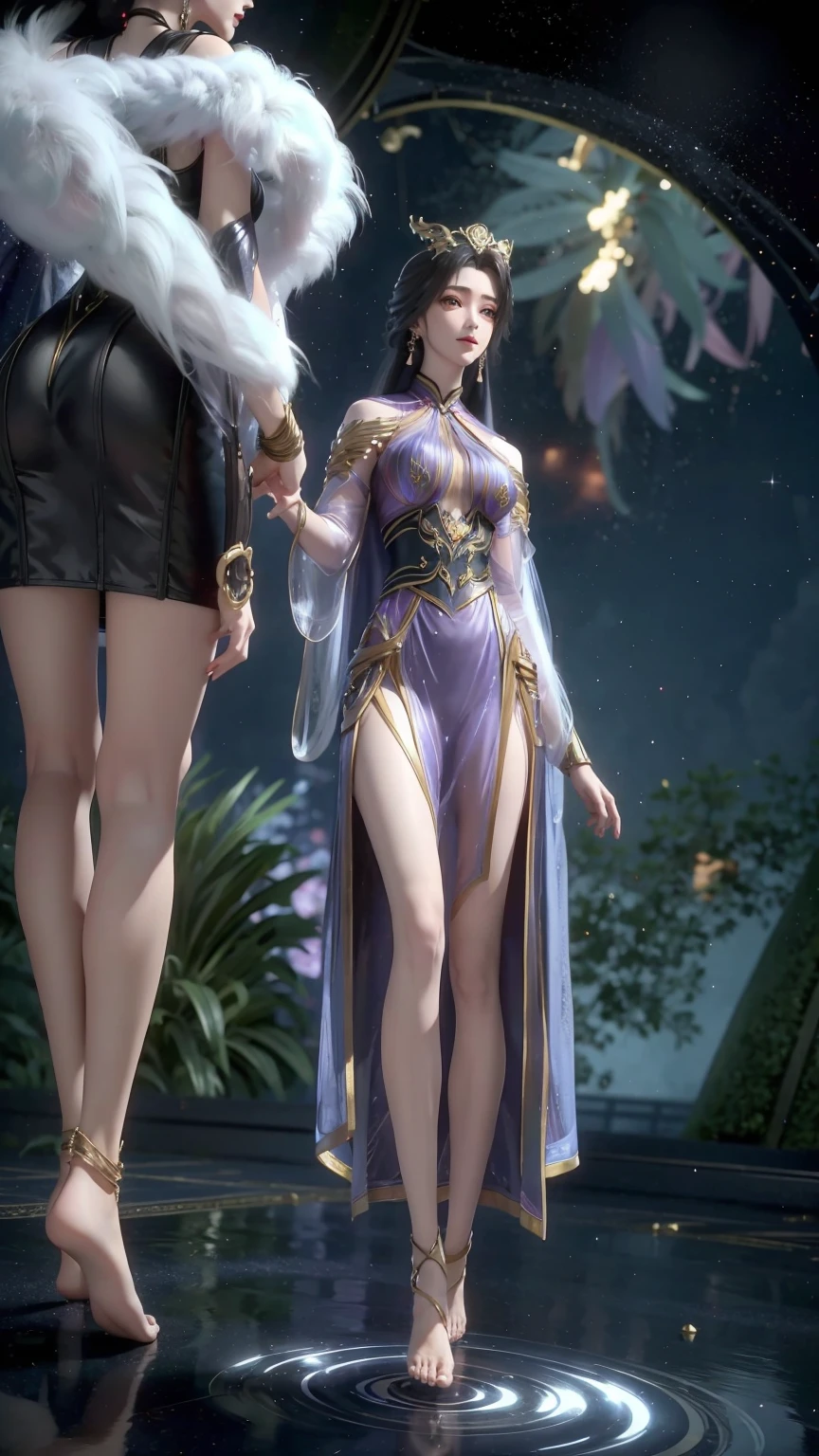 ((Biologically correct number of limbs))、(( Full body image(Including the face)))、4K、masterpiece、((Focus on the face))、((Symmetrical facial features))、The eyes are described in detail、Beautiful woman、Outstanding style、Beautiful arms、Beautiful legs、beautiful hands、(slim)、Facial details、Small earrings、necklace、(white shiny、Shiny dress、barefoot、radiant skin)Smile、(Beautiful legsのアップ)、Sweat,Starry Sky,Starry Sky背景,Deep View,above water