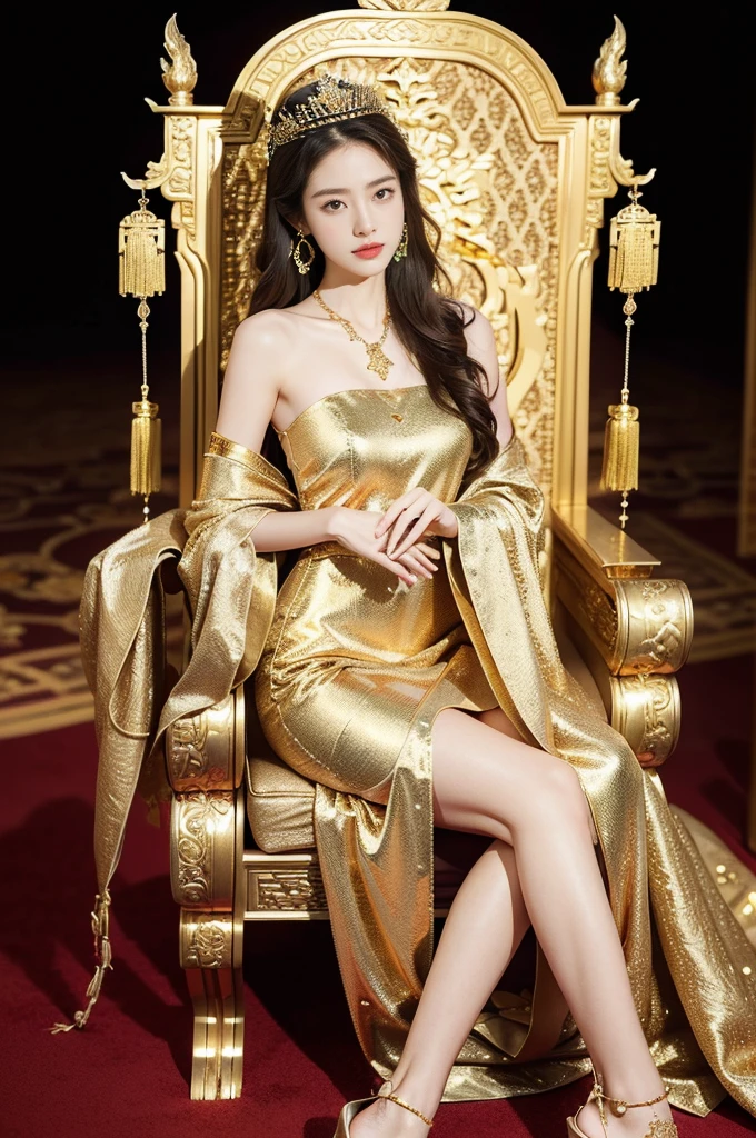(((best quality))),(((ultra detailed))),(((masterpiece))),illustration,1 girl,solo,slim,thin,shoulder length straight bob hair,earrings,necklace,small breasts,flat chest,slender legs,high heels,Asian appearance,princess,royal,Chinese palace,night scene,magnificent dragon gown,golden crown,intricate embroidery,luxurious fabric,precious stones,(sitting on the metallic throne:1.3),decorative patterns,rich decorations,luxurious furnishings,regal charm,beautiful face,gentle smile,bright eyes,historical,traditional,city lights,modernity,frozen moment,beauty of the past,evolution of time,from front,full body,