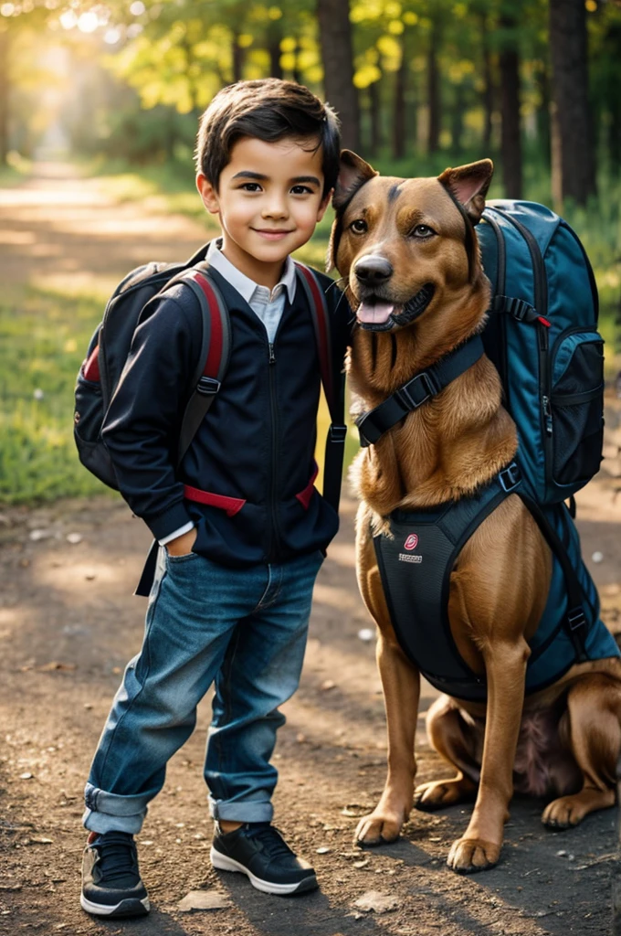 Boy with backpack and dog
