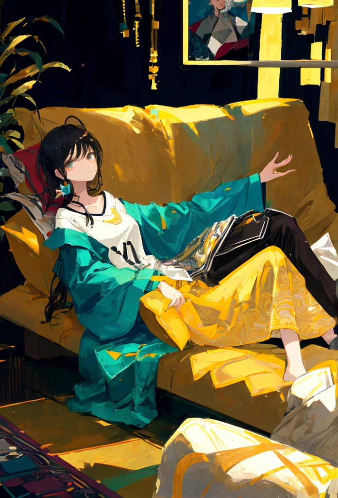 young woman leans back over back of sofa to look at camera, emphasis on face, head leaning back, camera over shoulder, camera behind woman,, back view, sitting in sofa