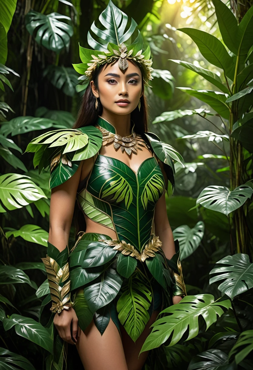 (floral warrior elegance:1.2), (best quality:1.1), leafy environment, cinematic capture, 4k UHD resolution, (Amazonian Leaf Royalty:1.3), standing tall amidst foliage, leaf-patterned attire with intricate floral embellishments, (delicate leaf and floral accents:1.2), nature-inspired accessories, ambient sunlight filtering through leaves, (soft natural glow:1.15), atmospheric jungle setting, sophisticated leafy warrior elegance with a sensual touch