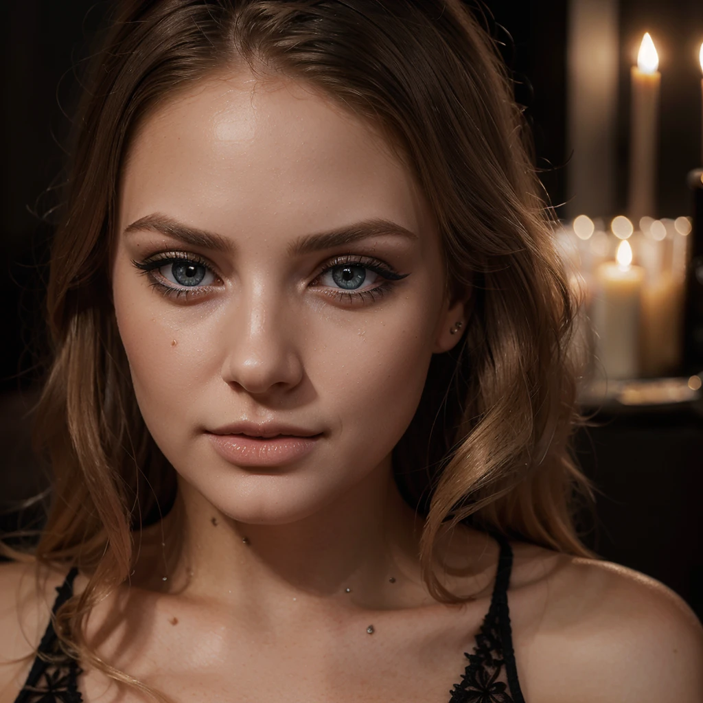 detailed portrait of a slim blonde woman with blue eyes wearing a black dress, romantic candlelight dinner, beautiful detailed eyes, beautiful detailed lips, extremely detailed face and features, long eyelashes, high quality, photorealistic, dramatic lighting, warm color tones, award winning, intricate details, cinematic composition