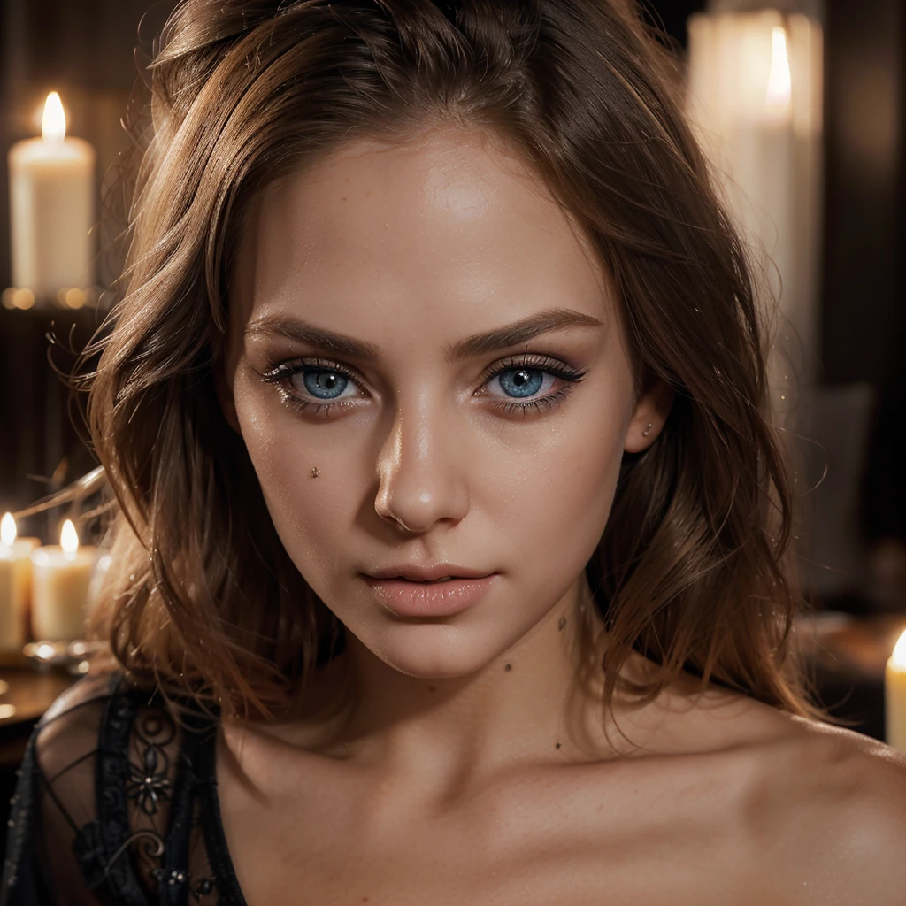 detailed portrait of a slim blonde woman with blue eyes wearing a black dress, romantic candlelight dinner, beautiful detailed eyes, beautiful detailed lips, extremely detailed face and features, long eyelashes, high quality, photorealistic, dramatic lighting, warm color tones, award winning, intricate details, cinematic composition