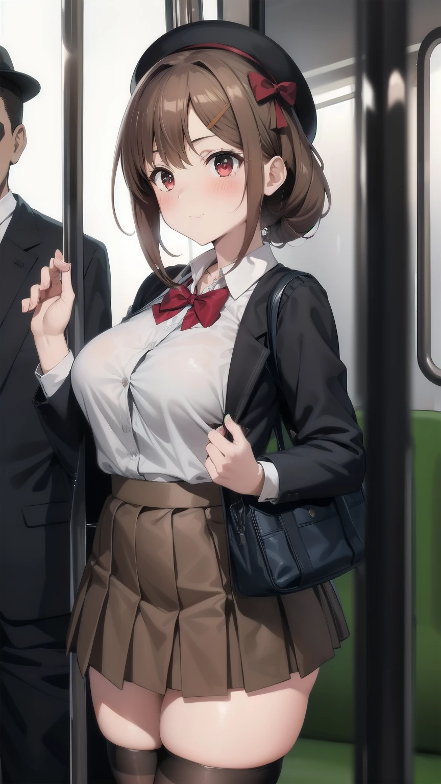 Crowded train, 1girl, Cute Woman, Many passengers, Best image quality, High resolution, masterpiece, best quality, large breasts, Red bow tie, Dark blue pleated skirt, Long sleeve shirt, Blushing, 4K quality, Wearing black knee socks, Inside the train, Crowded