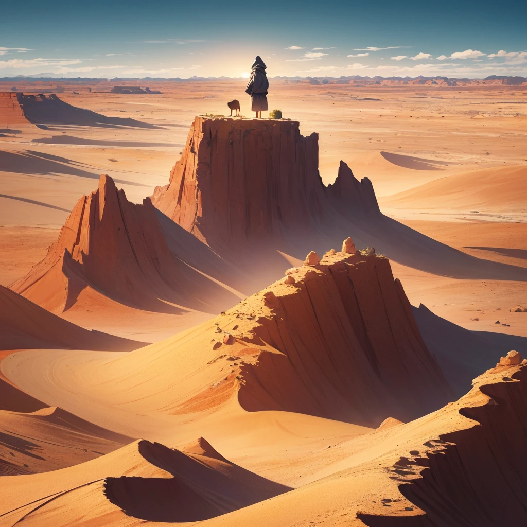 ((((No humans))))、Desert Wasteland, Silhouette of a woman in a robe seen from afar, Wearing a hoodie, Yellow sand in the sky，The background is a vast desert, Desert Oasis，Rich Color，Digital Landscape Painting, Environmental design illustration, 4K Digital Painting, amazing, Desert Background, Concept Art, detailed