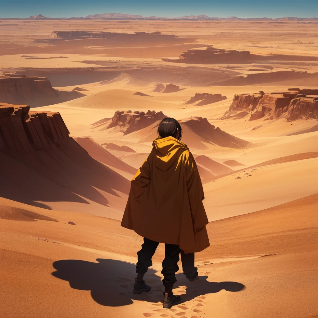 ((((No humans))))、Desert Wasteland, Silhouette of a woman in a robe seen from afar, Wearing a hoodie, Yellow sand in the sky，The background is a vast desert, Desert Oasis，Rich Color，Digital Landscape Painting, Environmental design illustration, 4K Digital Painting, amazing, Desert Background, Concept Art, detailed