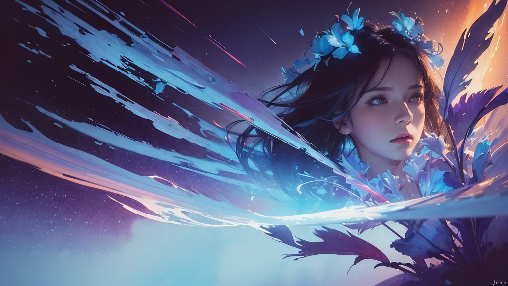 32k, Masterpiece, Highest quality, One girl, Detailed eyes, flower,gladiolus, Light blue and purple style,A dreamy, romantic piece,Pale red, Mysterious Leaves,A playful arrangement,Fantasy,High Contrast,Ink strokes,explosion,Exposure, Impression of light blue and purple tones,Abstract,((Watercolours by John Berkey and Jeremy Mann )) Brush strokes,Negative Space, Tyndall effect,
