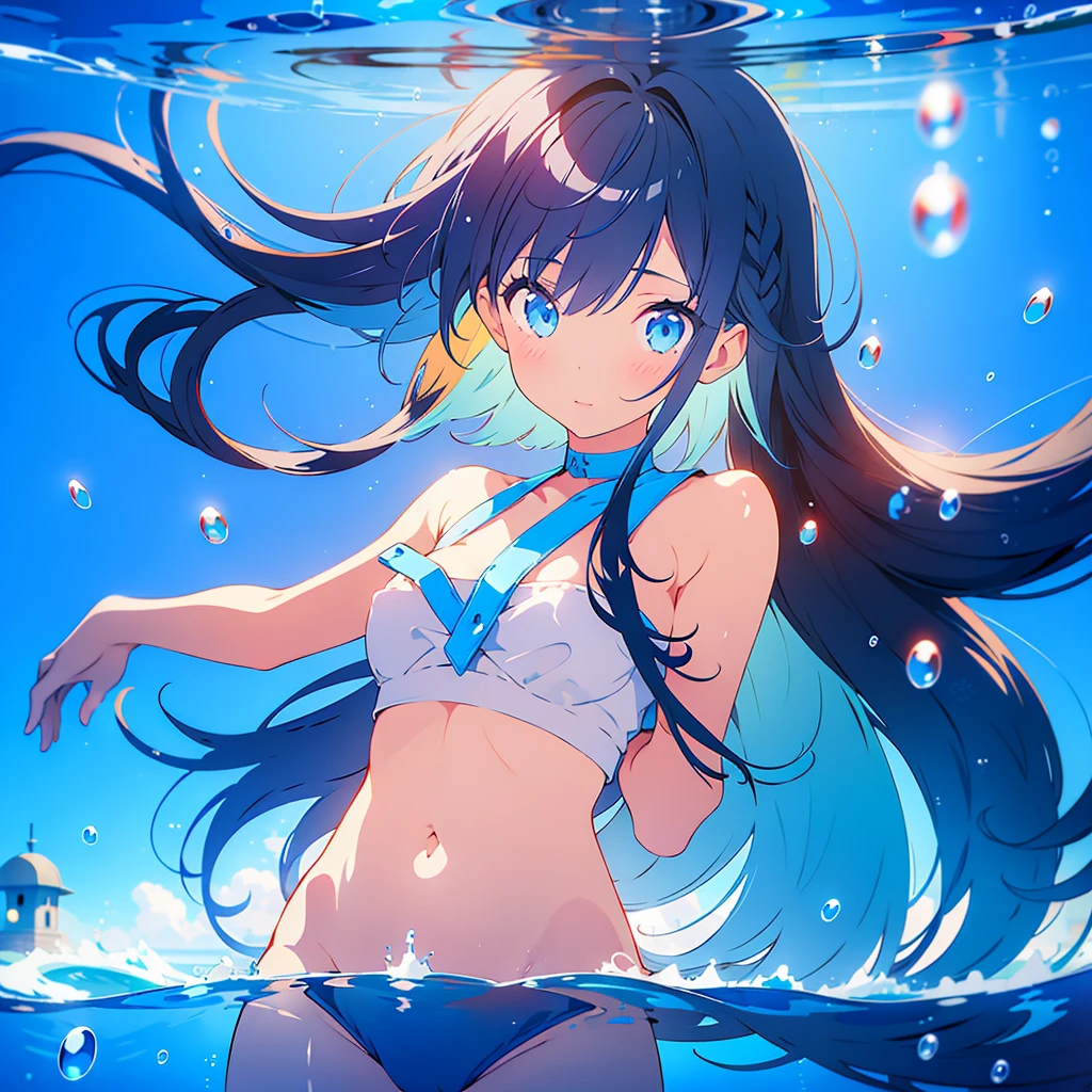 1girl, air_bubble, bangs, black_hair, blue_eyes, blue_hair, bubble, fish, looking_at_viewer, multicolored_hair, ocean, partially_underwater_shot, long_hair, solo, submerged, underwater, water, water_drop