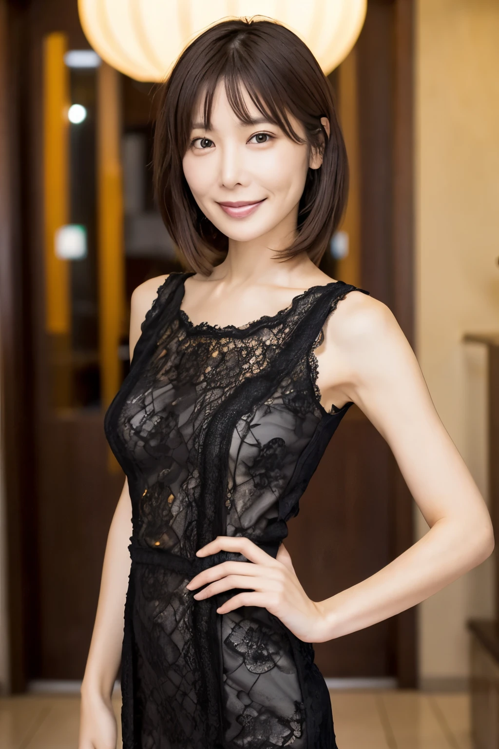 A skinny Japanese woman, {30|40} years old, 1girl, cute face, slight smile, ((detailed face, detailed eyes)), black {short|long} hair, medium breasts, very thin waist, correct human body structure, See-through lace mini dress, standing in a hotel lobby, (full body photo),