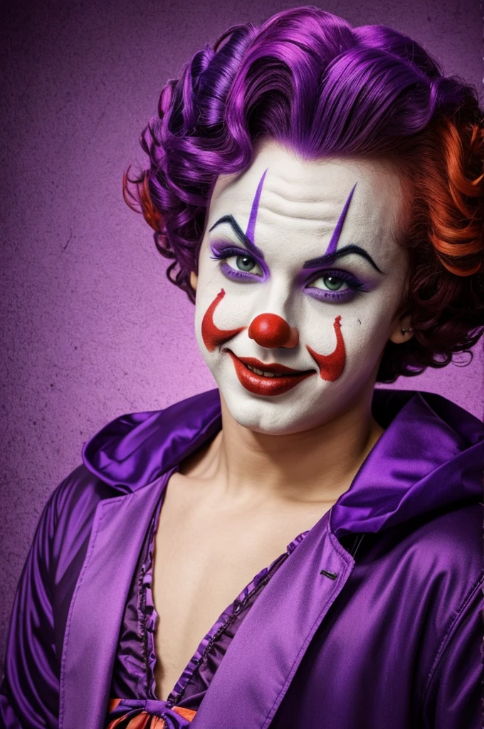 Young sexy clown in purple colors colorful backgrounds