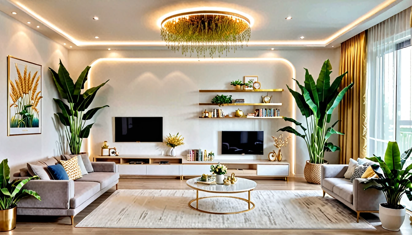 Create a stylish and simple living room,There is an arch-shaped decorative light surround on the white wall,There are golden ears of wheat inside,There is a banana tree on the right.,There are 6 shelves on the left side,There is perfume on the shelf,Potted plants,Night Light。The room should combine the texture of plasterboard and wallpaper,To present a stylish and exquisite appearance,Bright lights in the room,Soft light, Make the space feel open and bright. Incorporate simple decorative elements,Enhance modern aesthetic.Front view,Head-up,Real Effects,Photography,8K,Super Detail,High-definition photography