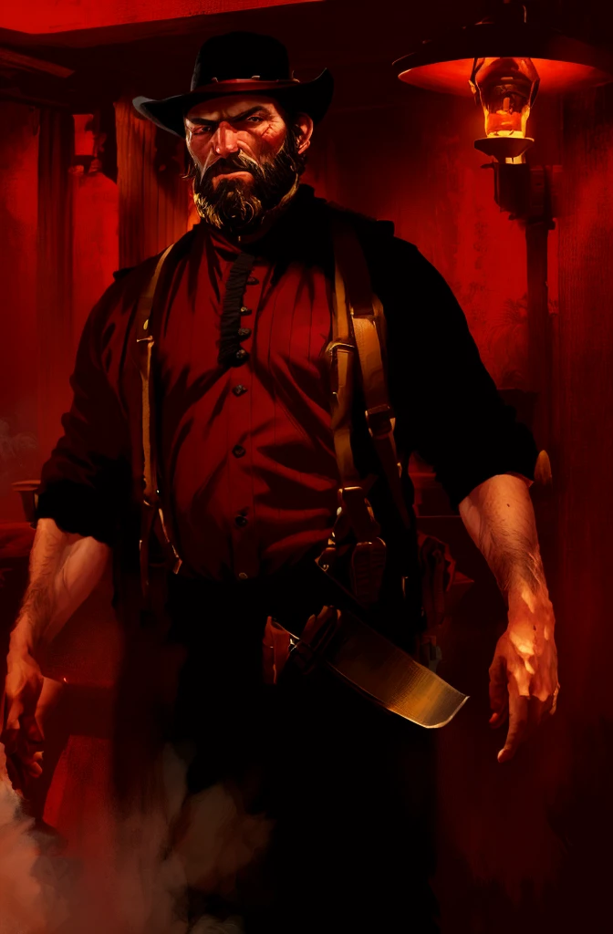 R3DD34Dstyle, digital portrait, big beard, cowboy, Meticulous Facial Features, patronage, red background