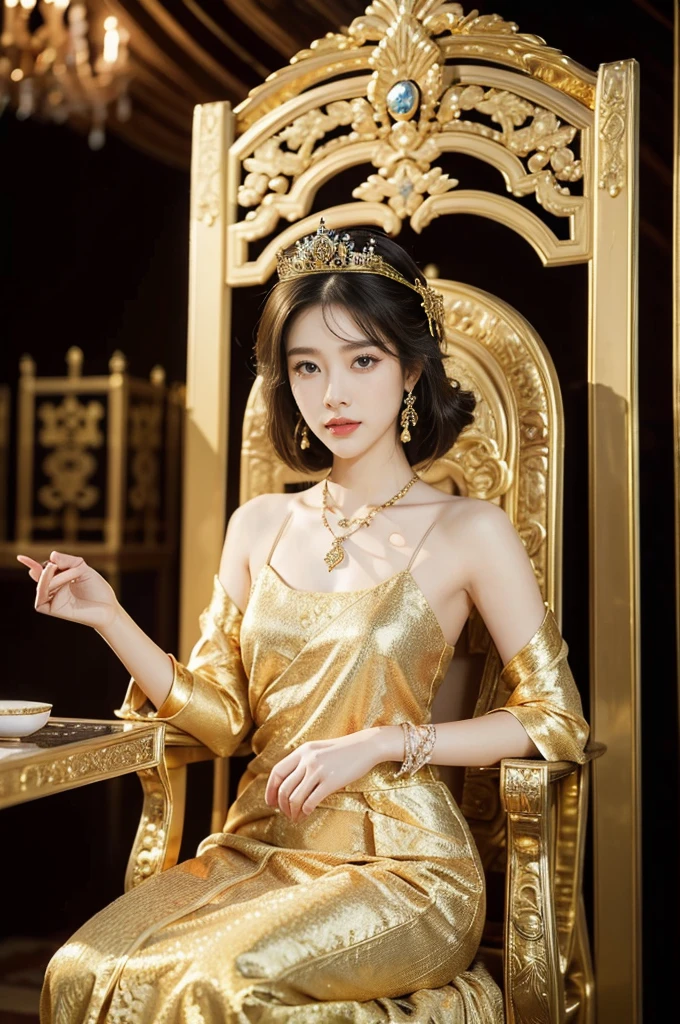 (((best quality))),(((ultra detailed))),(((masterpiece))),illustration,1 girl,solo,slim,thin,shoulder length straight bob hair,earrings,necklace,small breasts,flat chest,Asian appearance,princess,royal,Chinese palace,night scene,magnificent dragon gown,golden crown,intricate embroidery,luxurious fabric,precious stones,(sitting on the metallic throne:1.3),decorative patterns,rich decorations,luxurious furnishings,regal charm,beautiful face,gentle smile,bright eyes,historical,traditional,city lights,modernity,frozen moment,beauty of the past,evolution of time,from front,upper body,