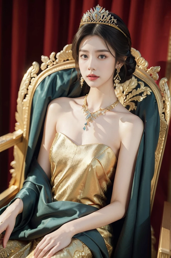 (((best quality))),(((ultra detailed))),(((masterpiece))),illustration,1 girl,solo,slim,thin,shoulder length straight bob hair,earrings,necklace,small breasts,flat chest,Asian appearance,princess,royal,Chinese palace,night scene,magnificent dragon gown,golden crown,intricate embroidery,luxurious fabric,precious stones,(sitting on the metallic throne:1.3),decorative patterns,rich decorations,luxurious furnishings,regal charm,beautiful face,gentle smile,bright eyes,historical,traditional,city lights,modernity,frozen moment,beauty of the past,evolution of time,from front,upper body,