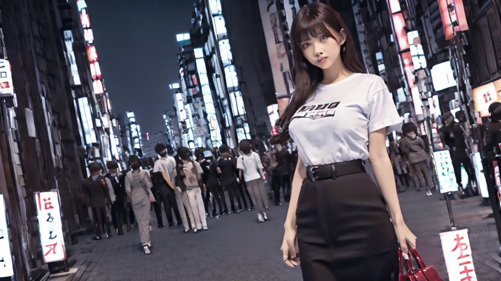 ((Tokyo、Highest quality、8K、masterpiece:1.3)), Full Body Lesbian, Long legs, Sharp focus:1.2, Beautiful woman with perfect figure:1.4, Slim Abs:1.1, ((Dark brown hair、Huge boobs:1.2)), (White tight t-shirt、Office Casual 、standing:1.2), ((Night city view、On the roof:1.3)), Highly detailed face and skin texture, Detailed eyes, double eyelid,Japanese face