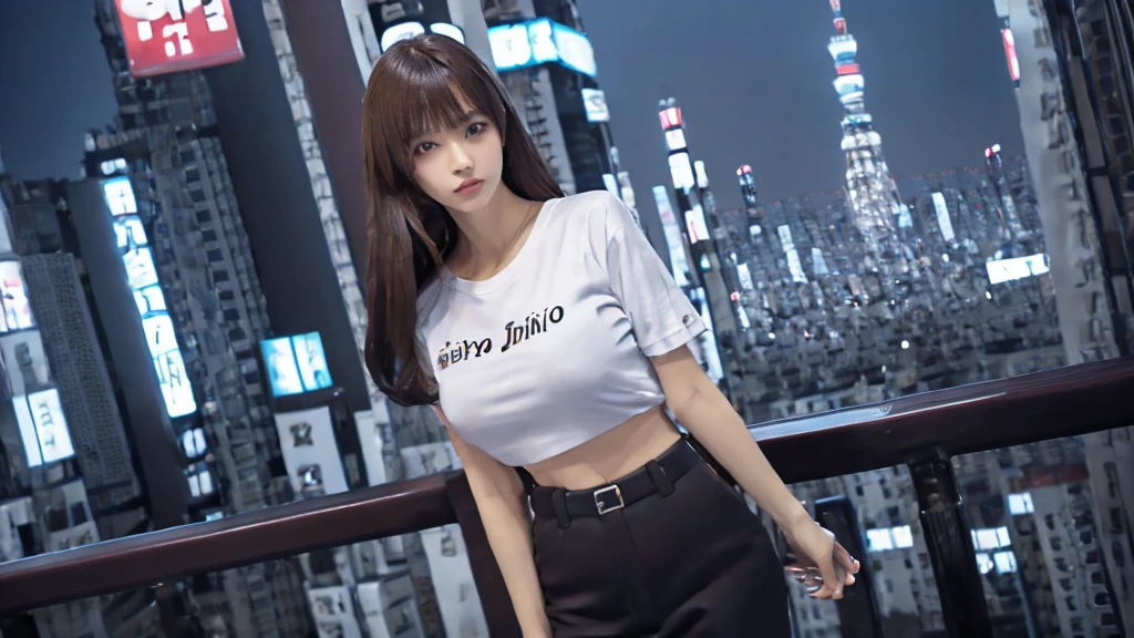 ((Tokyo、Highest quality、8K、masterpiece:1.3)), Full Body Lesbian, Long legs, Sharp focus:1.2, Beautiful woman with perfect figure:1.4, Slim Abs:1.1, ((Dark brown hair、Huge boobs:1.2)), (White tight t-shirt、Office Casual 、standing:1.2), ((Night city view、On the roof:1.3)), Highly detailed face and skin texture, Detailed eyes, double eyelid,Japanese face