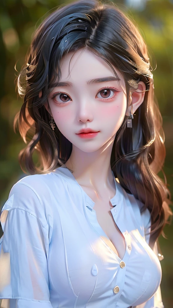 ((Best Quality, 8K, Masterpiece: 1.3)), Sharp: 1.2, Perfect Body Beauty: 1.4, Slim Abs: 1.2, ((Layered Hairstyle, Big Breasts: 1.2)), (Wet White Button  Shirt: 1.1), (Rain, Street: 1.2), Wet: 1.5, Highly detailed face and skin texture, detailed eyes, double eyelids, face looking at the camera, , push up bra