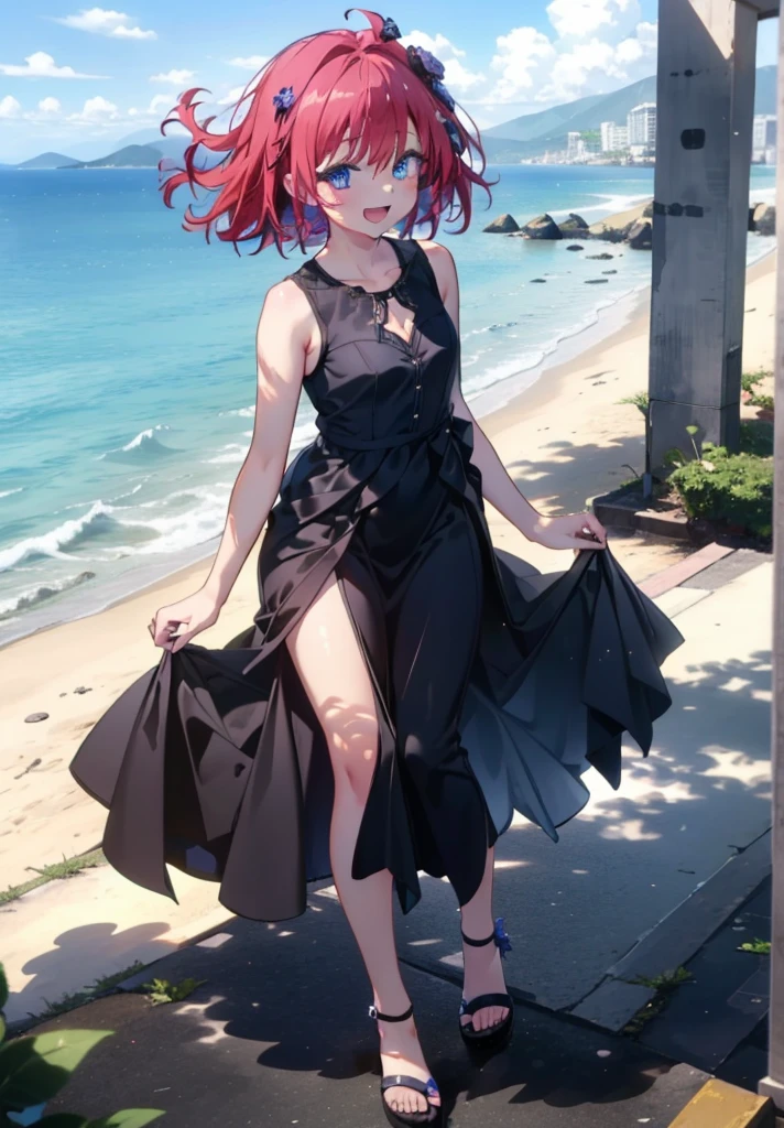 (masterpiece, Highest quality:1.2),shape,8K,High resolution,Say something happy smile, smile, Open your mouth,,Redhead,Long Hair,Purple eyes,1 Girl,sleeveless black dress,Bare arms,Black long skirt,Cute Sandals,walking,Daytime,Clear skies,
break looking at viewer,whole body,
break outdoors, Coastal Road,
break (masterpiece:1.2), Highest quality, High resolution, ユニティ 8K 壁紙, (shape:0.8), (Beautiful and beautiful eyes:1.6), Highly detailed face, Perfect lighting, Highly detailed CG, (Perfect hands, Perfect Anatomy),
