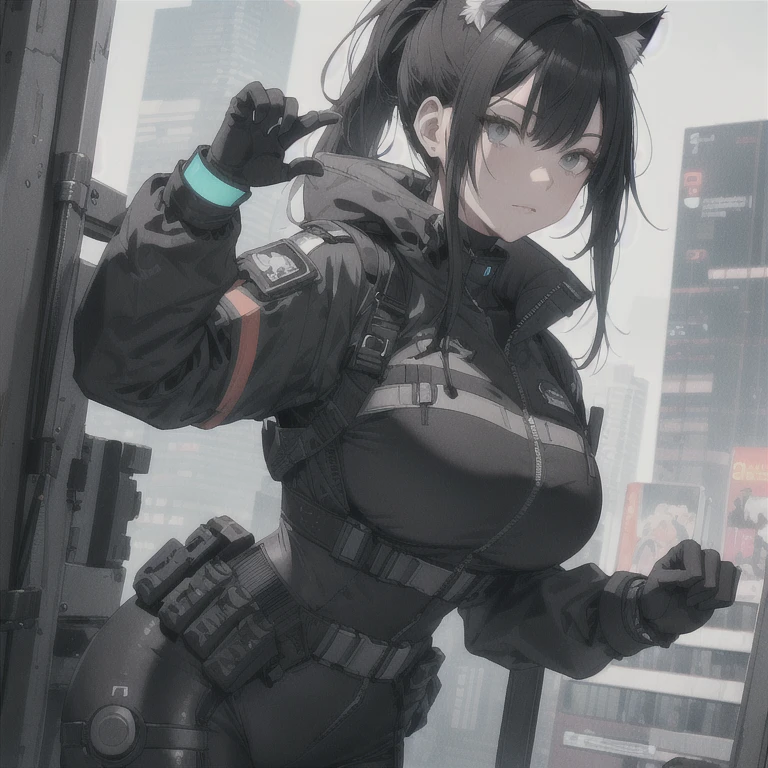 Absurd resolution, high resolution, (masterpiece: 1.4), hyper-detail, full body shot, solo, 1 kemono feline cat woman, humanoid, no skin other than neck and head shown, black hair, glasses, messy ponytail, cute face, detailed soft grey eyes, huge massive hyper super swollen heavy breasts that cover her whole torso and are bigger than her head while being so big they reach her belly button, extremely super large swollen perky heavy bust, wide full hips, narrower torso and shoulders, smaller torso, full thicc big soft thighs, big rounded full soft butt, ruggedized utility styled outfit, fully insulated suit, full body outfit coverage with no skin showing or revealed, scifi monochrome black and grey fullbody covering protective padding rugged loose-fitted pilot utility suit with white chest, tactical strategic protective padding on hips and thighs and abdomen, practical/functional clothing, weather-proof durable clothing material, nylon clothing material, custom made clothing to fit and support large breasts, scifi padded rugged rigid high collar techwear jacket, armored high collar, white and black triangular decals and techwear iconography on apparel and clothing, techwear gloves, arm mounted strapped display scifi tablet/communication device/computer, rugged tablet display mounted on MOLLE strap on top of her bust, ruggedized computer tablet mounted above her breasts, screen display mounted on top of her chest, ruggedized tech, ruggedized tech aesthetic, fitted utility pants, utility chaps, near future scifi, cyberpunk aesthetic, anime aesthetic