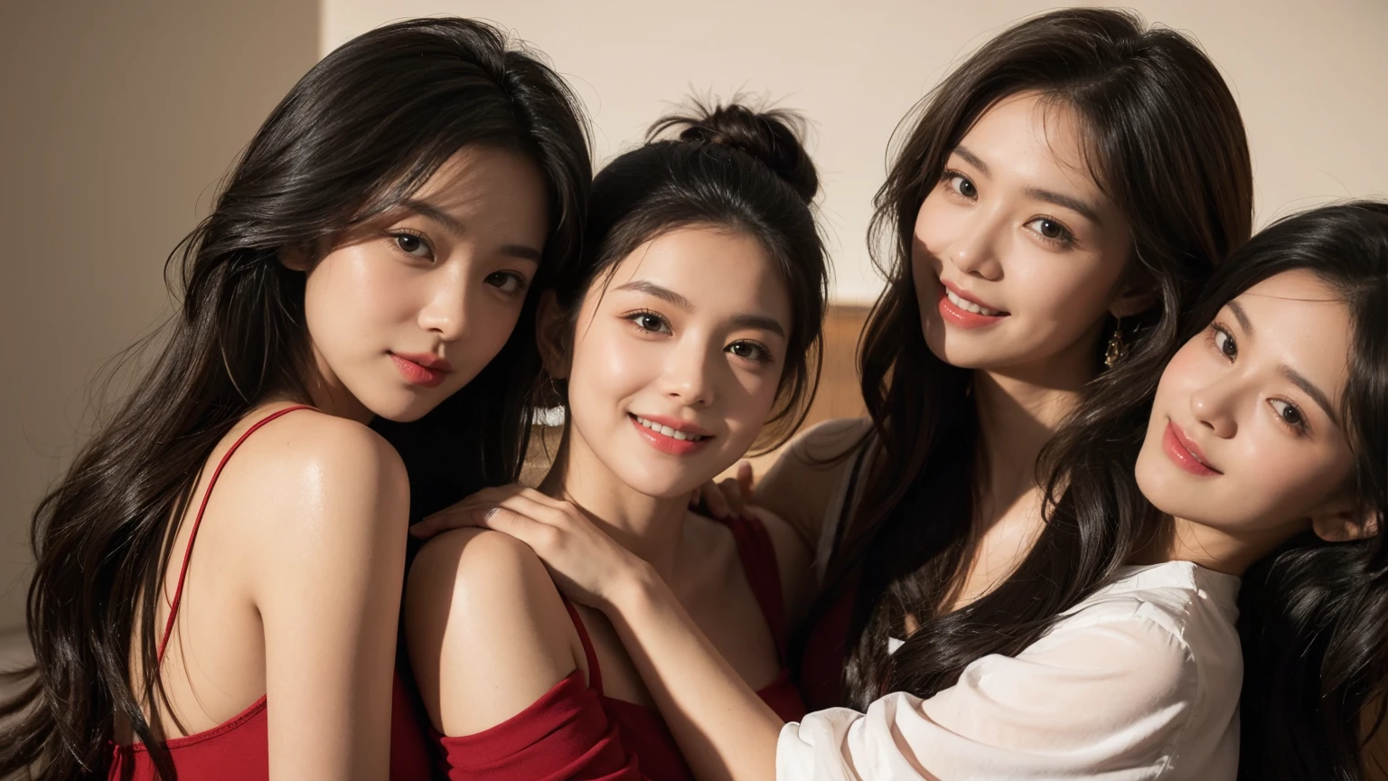 Ancient Roman landscape in the style of Nicolas Poussin,laughter,,Sweet and seductive appearance.、Caravaggio's paintings、Chiaroscuro of Caravaggio、hair tousled by the wind,Two women frolicking,cute smile, expression of ecstasy,