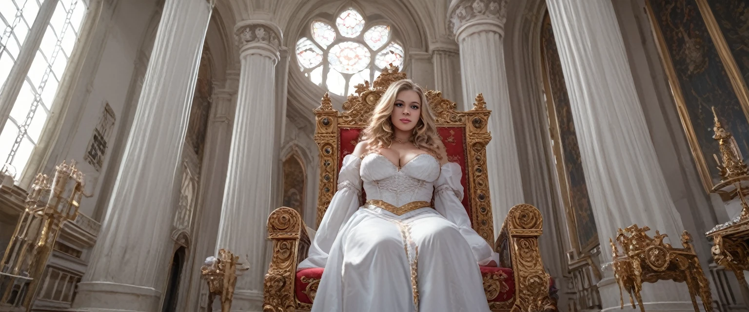 score_9, score_8_up, score_7_up, source_photo, photography, realistic, rating safe, from below, dynamic angle, cinematic angle, ultra detailed, detailed eyes, absurdity, 1girl, old queen victoria the first is sitting Throne of Power, looking at viewer, (oversized body), large breasts, shiny body, long hair, blonde hair, wavy hair, multiple boys, shota, masked , standing around her, masterpiece, 8k, 