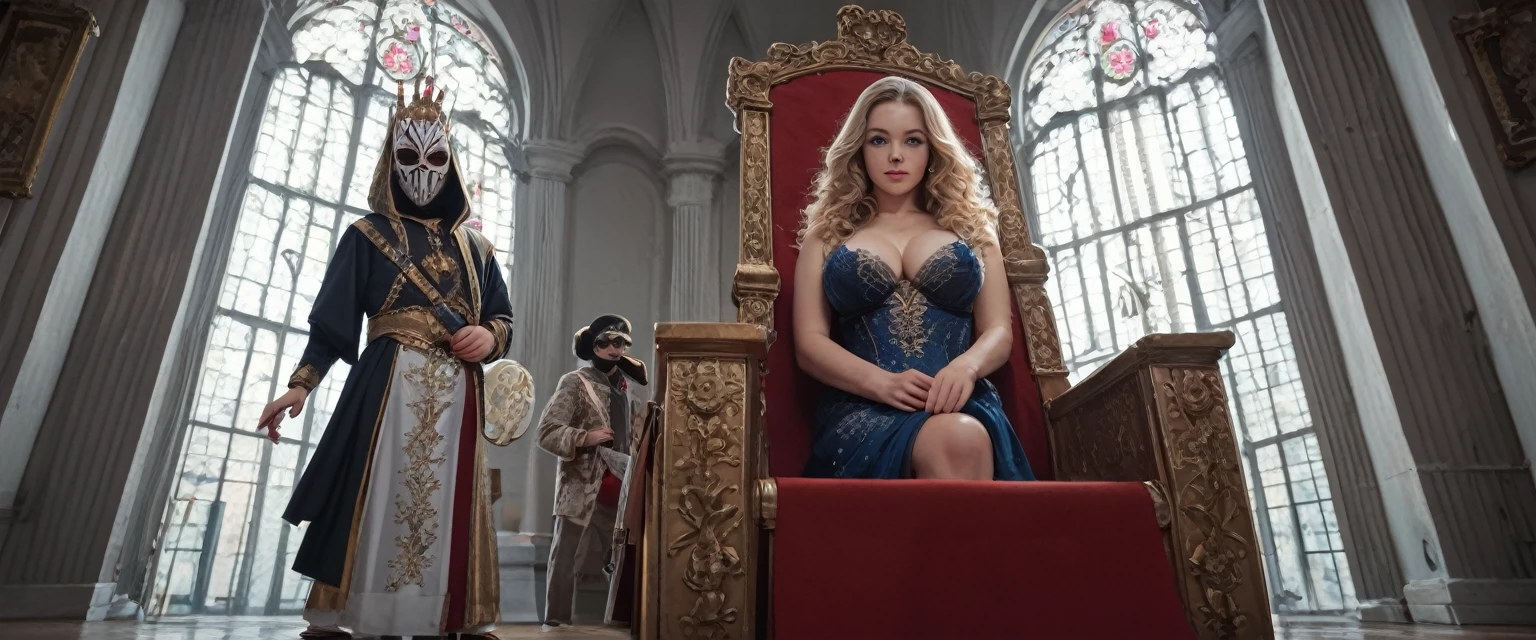 score_9, score_8_up, score_7_up, source_photo, photography, realistic, rating safe, from below, dynamic angle, cinematic angle, ultra detailed, detailed eyes, absurdity, 1girl, old queen victoria the first is sitting Throne of Power, looking at viewer, (oversized body), large breasts, shiny body, long hair, blonde hair, wavy hair, multiple boys, shota, masked , standing around her, masterpiece, 8k,