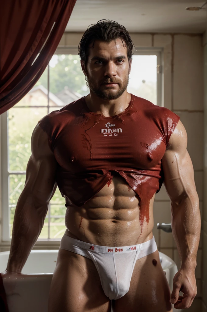 cinematic photo photo, handsome man ohwx, ohwx man, Henry Cavill, muscular, veins, bodybuilder, beard, tight shirt, white underwear, bloody nose, full body bloody, soaked in blood, showering in blood, bloody, blood everywhere, bathroom, bathtub, abandoned house, looking at camera, interview, talking, high definition, cinematic, natural lighting, more details, 8k UHD, DSLR . 35mm photograph, film, bokeh, professional, 4k, highly detailed