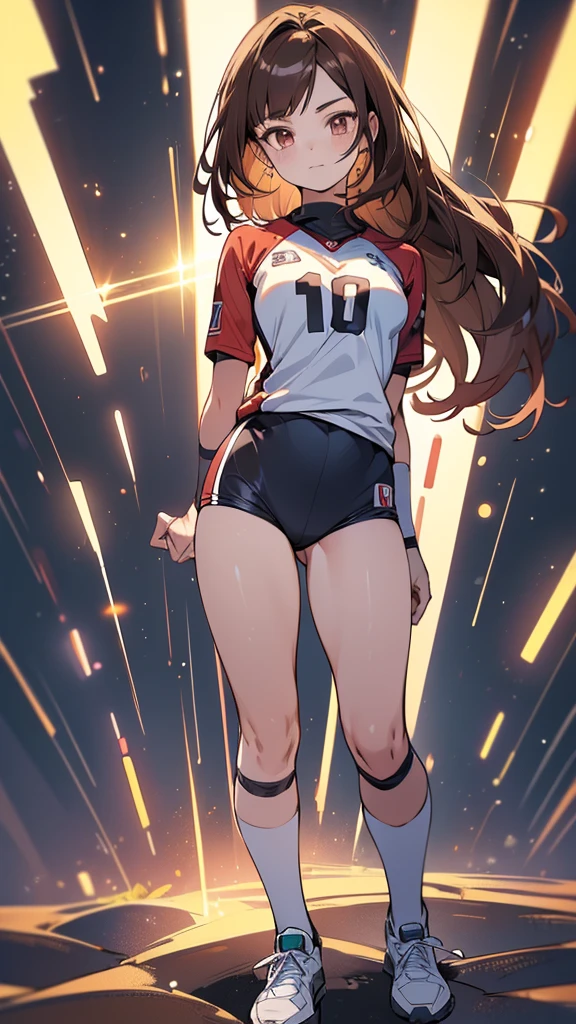 (highest quality, 4k, High resolution, masterpiece:1.2), Super detailed, (anime style, photorealistic:1.37), cinematic light, Bright colors and mesmerizing effects, Soft and delicate lighting, gentle shine, Beautiful and gentle atmosphere throughout the scene, (1girl:1.5), joven, (Cara finamente detallada:1.4, Ropa detallada), (Detallado:1.4) named (Eimi Fukada:1.1) BREAK Cara hermosa, Profundidad de campo, Agregar capa, 27 years old, Modelo de cuerpo perfecto, senos perfectos, 175cm de altura, pose sexy, full body, cuerpo completo, Tipo de cuerpo del modelo, BREAK (volleyball uniform:1.3), (Cabello largo:1.3), (brunette:1.1), dark brown hair, doble parpado, (reddish brown eyes:1.5) BREAK blush, long hair, nijistyle,