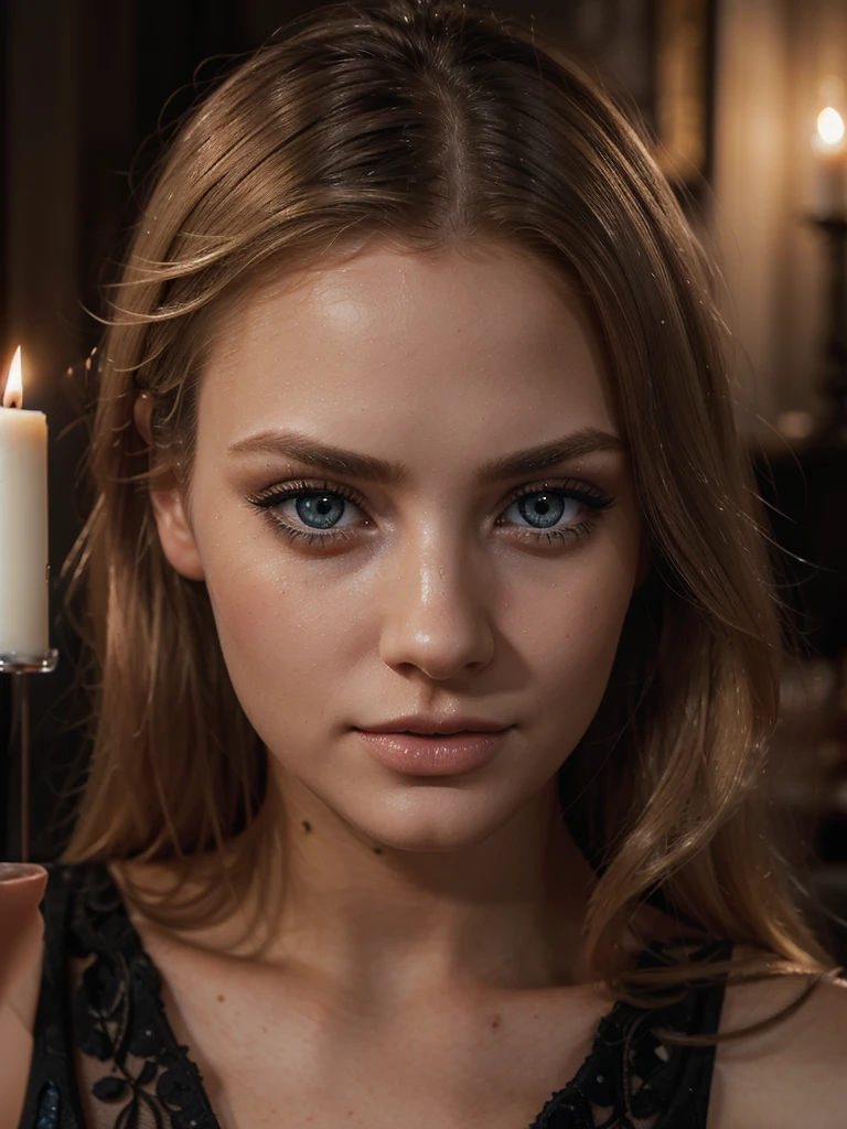 detailed portrait of a slim blonde woman with blue eyes wearing a black dress, romantic candlelight dinner, beautiful detailed eyes, beautiful detailed lips, extremely detailed face and features, long eyelashes, high quality, photorealistic, dramatic lighting, warm color tones, award winning, intricate details, cinematic composition