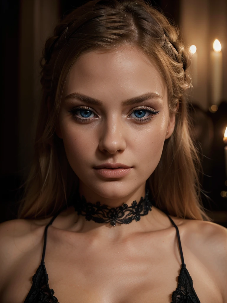 detailed portrait of a slim blonde woman with blue eyes wearing a black dress, romantic candlelight dinner, beautiful detailed eyes, beautiful detailed lips, extremely detailed face and features, long eyelashes, high quality, photorealistic, dramatic lighting, warm color tones, award winning, intricate details, cinematic composition