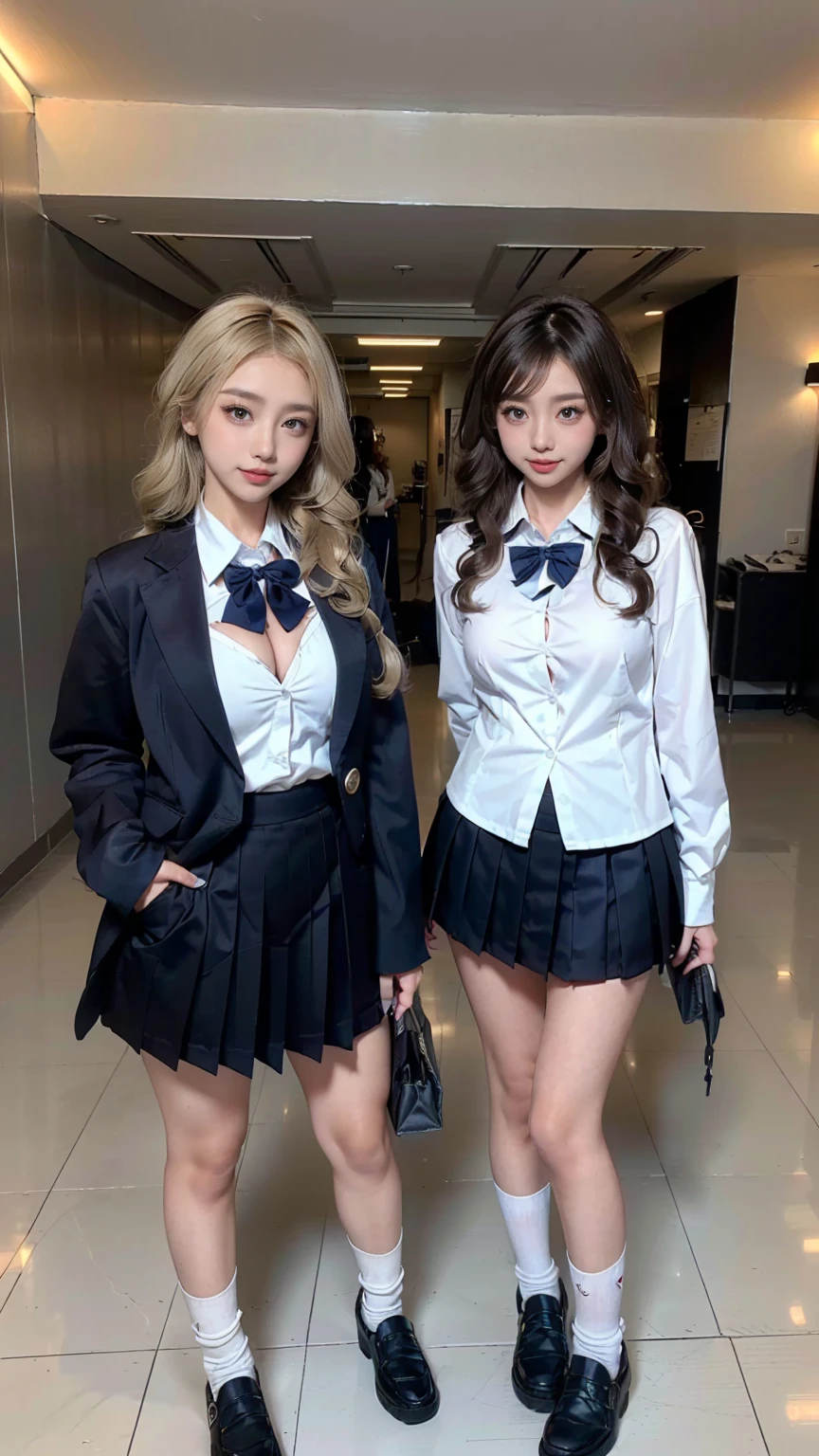 (scene; (Two women:1.8)), Gal, (Two high school girls), (Shopping mall, Shopping Street, street, Outdoor), (Full body portrait, Photograph the whole body, Are standing, Doing sexy poses), (Tall, Thin thighs, Elongated arms and legs, Small waist, Small hips), ((Highly detailed skin), Beautiful realistic face, White skin, Pointed Chest, Perfect Anatomy, Realistic eyes, Natural Eyes, Brown eyes, Accurate eye focus, Accurate limbs), (Hyper Realist, Ultra-realistic, 4K, Attention to detail, Ultra-high resolution, Highest quality, masterpiece, Presence, dynamic, Uplifting, bold, Sharpness), (Big Breasts:1.5), (Cleavage:1.5), (Blonde long hair:1.5, loose wavy long hair:1.5, Loose curly hair:1.5), (sleek bangs), (Twin tail hair), ((White collared shirt, Navy pleated mini skirt, Navy colored socks, Black loafers, Ribbon tie)), High school girl in uniform, Surreal high school girl, tall, High school girls in uniform, smile, Cleavageを強調, (Are standingTwo high school girls:1.8),