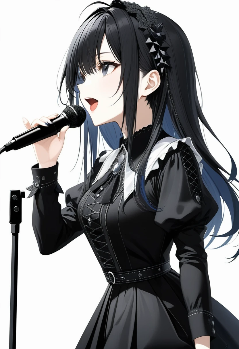 (((White background:1.2)))、(masterpiece、Ultra HD、high quality、４K)、(Scandinavian gothic metal girl holding a microphone and singing with her mouth open), (((very wide shot:1.2))),Highly detailed eyes, Detailed hand and fingers、Long black hair、Black Gothic Dress、Stylish outfit,Shorts、Dynamic pose、Dynamic、(profile)、（Grab the microphone）、smile,