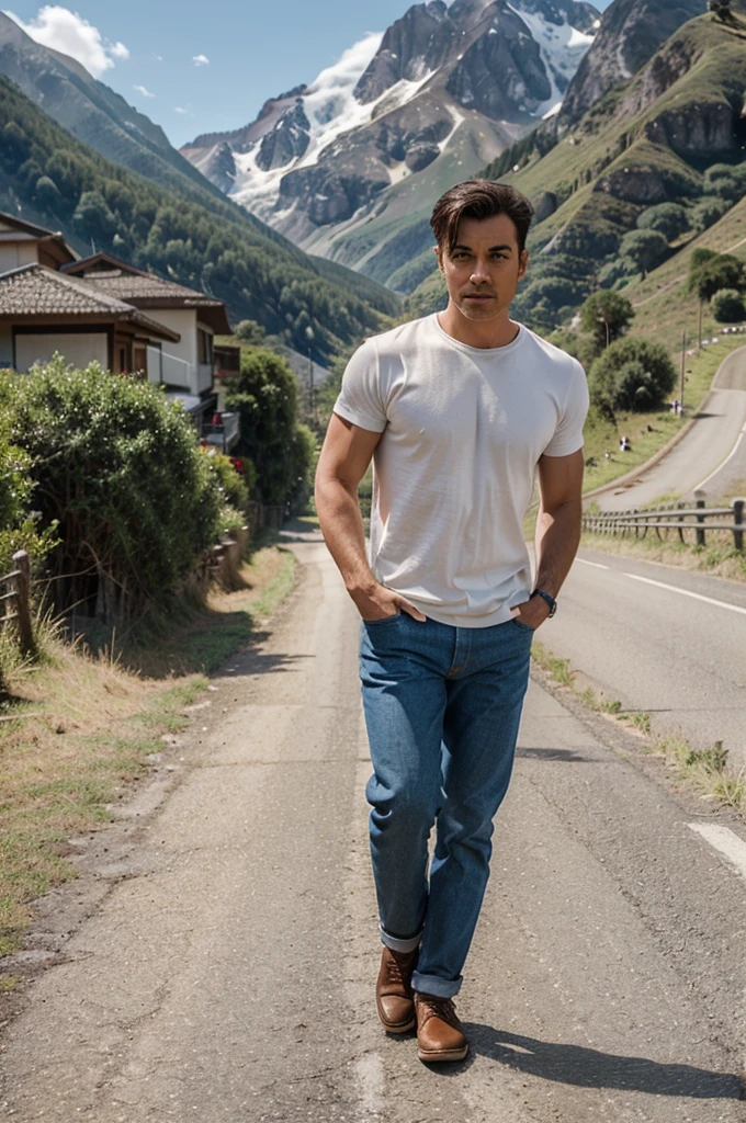 Make a photo caricature of a handsome man walking on the side of the road,wearing Levis trousers,brown shoes white t-shirt,with mountain ranges and rice field roads