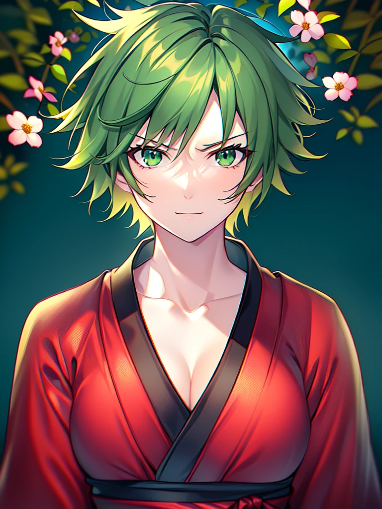((spiked hair)), ((tomboy)), ((short hair)), ((brown hair)), ((green eyes)), ((cheerful expression)), (shinobi clothing)), ((light skin)), ((flowers)), ((complementary colors)), ((mature female)), 1girl, beautifully drawn, high resolution illustration, best quality, High definition, ((detailed anime sketch)), Masterpiece, (solo), absurdres, portrait, ((upper body)), detailed background, fine detail, female focus, HDR,