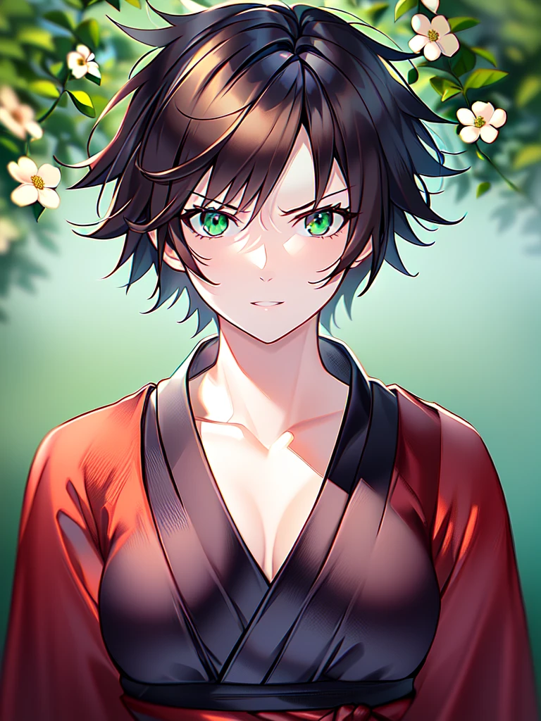 ((spiked hair)), ((tomboy)), ((short hair)), ((brown hair)), ((green eyes)), ((cheerful expression)), (shinobi clothing)), ((light skin)), ((flowers)), ((complementary colors)), ((mature female)), 1girl, beautifully drawn, high resolution illustration, best quality, High definition, ((detailed anime sketch)), Masterpiece, (solo), absurdres, portrait, ((upper body)), detailed background, fine detail, female focus, HDR,
