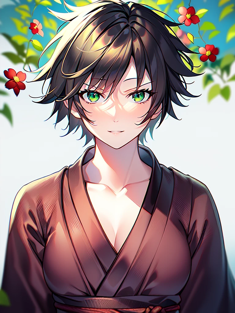 ((spiked hair)), ((tomboy)), ((short hair)), ((brown hair)), ((green eyes)), ((cheerful expression)), (shinobi clothing)), ((light skin)), ((flowers)), ((complementary colors)), ((mature female)), 1girl, beautifully drawn, high resolution illustration, best quality, High definition, ((detailed anime sketch)), Masterpiece, (solo), absurdres, portrait, ((upper body)), detailed background, fine detail, female focus, HDR,