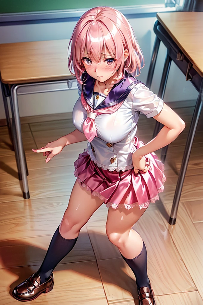 (((masterpiece, Highest quality, High resolution, 超High resolution, Pixel perfect, Written boundary depth, 4K, RTTX10.0))), Beautiful Anime Women, Beautiful art style, Anime characters, ((Smooth texture, Realistic texture, Anime CG Style)), Exact finger count、Exact number of legs、(Exact number of arms:1.0, Exact number of hands:1.0), (Perfect hands, Perfect Anatomy), Cinematic, Realistic, Highly detailed CG, Daytime lighting, Perfect lighting, Best Shadow, The best natural light, whole body, Perfectly balanced style, Perfectly balanced body, (Slender body:1.1), whole body,  ((Cute woman standing、She is showing her panties in her hands:1.3)), (Fashionable white shirt, Sailor collar, Knee-high socks, loafers, Navy pleated mini skirt:1.3), ((Sexy and cute panties, (Stylish shiny satin pink panties:1.2), Lace panties:1):1.3), (Beautiful and very large breasts:1.2), (Feeling embarrassed, (blush:1.2), (Embarrassed expression:1.5), (In the school classroom:1.5), Angle from the front, holding panties, Panties as a gift
