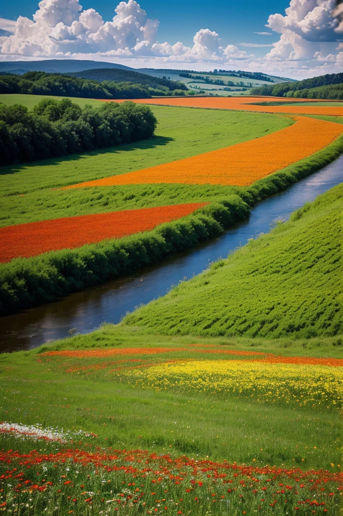 This image depicts a beautiful, vibrant landscape featuring a field of wildflowers in the foreground. The flowers are diverse in color, including red, white, orange, and purple blossoms. In the background, there is a river winding through the countryside, bordered by lush green fields and scattered trees. The sky above is expansive, with dramatic, billowing clouds that suggest a dynamic weather pattern. The overall scene is serene and picturesque, showcasing the beauty of nature.