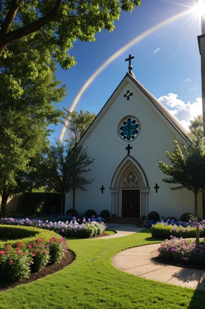 church，garden，rainbow，Sunlight，cross