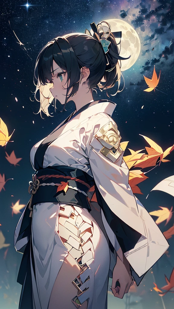 Absurd、(Silhouette Art, incision:1.6) (((Cut Paper Art, A world where only blue and black exist:1.3), (One huge breasted girl, Long ponytail, In his right hand he held a sword pointed at the boy.), (boy: Japanese Samurai, kimono, )(( profile:1.2)), white, Clear and beautiful face, Full moon background(Pear blossom tree, Falling leaves, ) Atmospheric perspective, Awards, Vanishing Point, Wide Shot, masterpiece, Accurate, Anatomically correct, Attention to detail, Highest quality, 8K, Ultra-high resolution,greenい背景、universe、Milky Way、Meteors、green、azure、