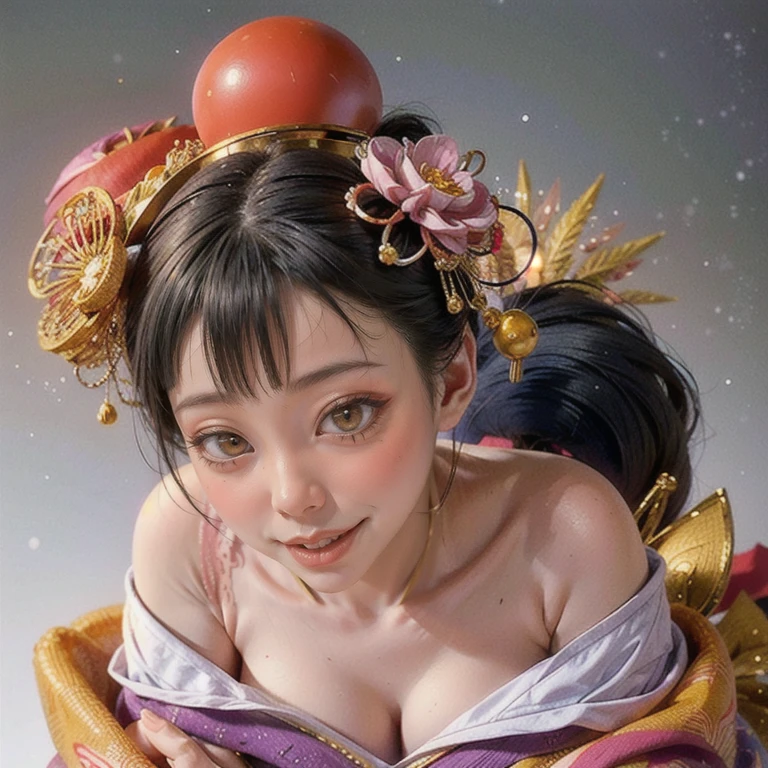 (PUNIPUNI clavicle KIMONO ((offshoulder)) KANZASHI FlowerHairpins Topknot TwinBun Oiran-Hair)High-level, 8K Masterpiece TopQuality, Ultra-detailed CG, Absurd detailed wallpaper, PerfectLighting, Extremely detailed (((Personifying " OIRAN " as a KAWAII Girl))), Characteristic Items, aesthetic LifeLike Rendering, MysticSight, Haze Tyndall Scattering, (Studio GRAY Background with (Oodles Dazzling Iridescent 🌈Particles (BokeH))), (((Assfocus)) RoundlyButt) ThighGap, (Exposed:0.44) 🔞 BREAK (Acutance:0.8), (NOGIZAKA FaceVariations) Extremely Detailed very KAWAII FaceVariations, Childish CaptivatingGaze ElaboratePupils ParfectEyes with (SparklingHighlights:1.28), (Voluminous LongEyelashes:0.88), 💄💋✨ GlossyRedLips with BeautifulDetails, CoquettishTongue, PUNIPUNI RosyCheeks, Radiant PearlSkin with Transparency, Glowing DowneyHair . { (Dynamic LifeLike expressions:1.4) | (:d) }, (large eyes:-1) .