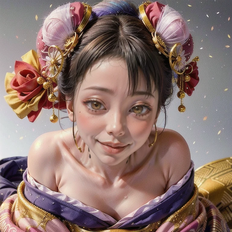 (PUNIPUNI clavicle KIMONO ((offshoulder)) KANZASHI FlowerHairpins Topknot TwinBun Oiran-Hair)High-level, 8K Masterpiece TopQuality, Ultra-detailed CG, Absurd detailed wallpaper, PerfectLighting, Extremely detailed (((Personifying " OIRAN " as a KAWAII Girl))), Characteristic Items, aesthetic LifeLike Rendering, MysticSight, Haze Tyndall Scattering, (Studio GRAY Background with (Oodles Dazzling Iridescent 🌈Particles (BokeH))), (((Assfocus)) RoundlyButt) ThighGap, (Exposed:0.44) 🔞 BREAK (Acutance:0.8), (NOGIZAKA FaceVariations) Extremely Detailed very KAWAII FaceVariations, Childish CaptivatingGaze ElaboratePupils ParfectEyes with (SparklingHighlights:1.28), (Voluminous LongEyelashes:0.88), 💄💋✨ GlossyRedLips with BeautifulDetails, CoquettishTongue, PUNIPUNI RosyCheeks, Radiant PearlSkin with Transparency, Glowing DowneyHair . { (Dynamic LifeLike expressions:1.4) | (:d) }, (large eyes:-1) .