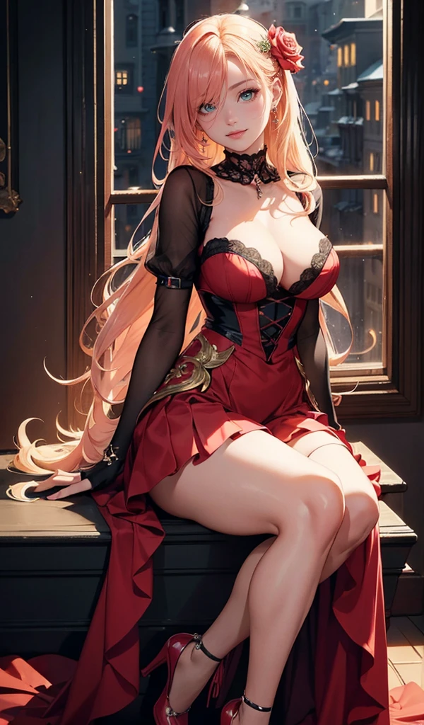 Please follow all prompts below exactly and faithfully. This is a breathtaking masterpiece of digital illustration, with maximum resolution, UHD, 512K, 2160p, 10 million ppi, 300 million dpi, natural color tones, ultra sharp details, perfect outlines with contrast, **most realistic skin and hair textures**, most beautiful detailed eye features, perfect anatomically correct human body, beautiful background with depth, rule of thirds, depth of field, Maximize all element is used to its full potential to create the best digital illustrations, 1woman, sexy:1.5, beautiful face sharp, elegant woman, perfect body style, slender, beautiful big breasts, green eyes, blonde hair, hair over one eye, long hair, glossy very thick lips:0.7, pink lipstick:0.7, smile, Bright red flamenco dancer costume, rose hair ornament, deep cleavage, red high heels, long skirt with large frills: 1.5,
