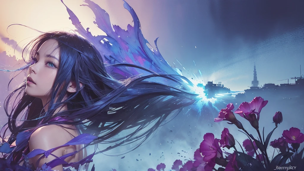 32k, Masterpiece, Highest quality, One girl, Detailed eyes, flower,gladiolus, Light blue and purple style,A dreamy, romantic piece,Pale yellow, Mysterious Leaves,A playful arrangement,Fantasy,High Contrast,Ink strokes,explosion,Exposure, Impression of light blue and purple tones,Abstract,((Watercolours by John Berkey and Jeremy Mann )) Brush strokes,Negative Space, Tyndall effect,