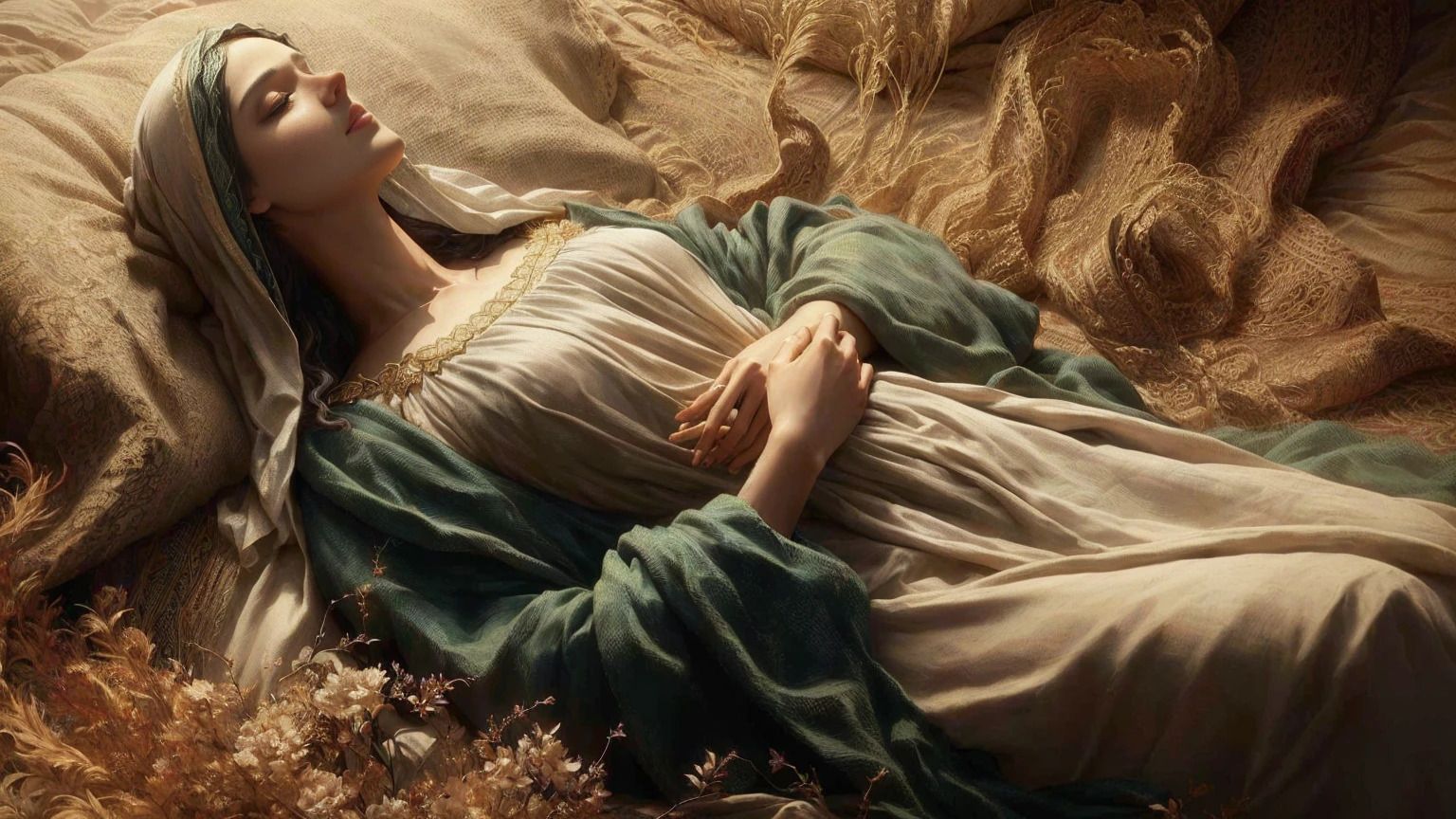 Arafa woman lying on a bed with a blanket on top, realistic 8K bernini sculpture, virgin mary, by Charles Gleyre, Masterpiece by Guweiz, inspired por Pierre Auguste Cot, cg society masterpiece, cgsociety uhd 4k highly detailed, por Pierre Auguste Cot, italian masterpiece, beautiful languid princess, 8K))
