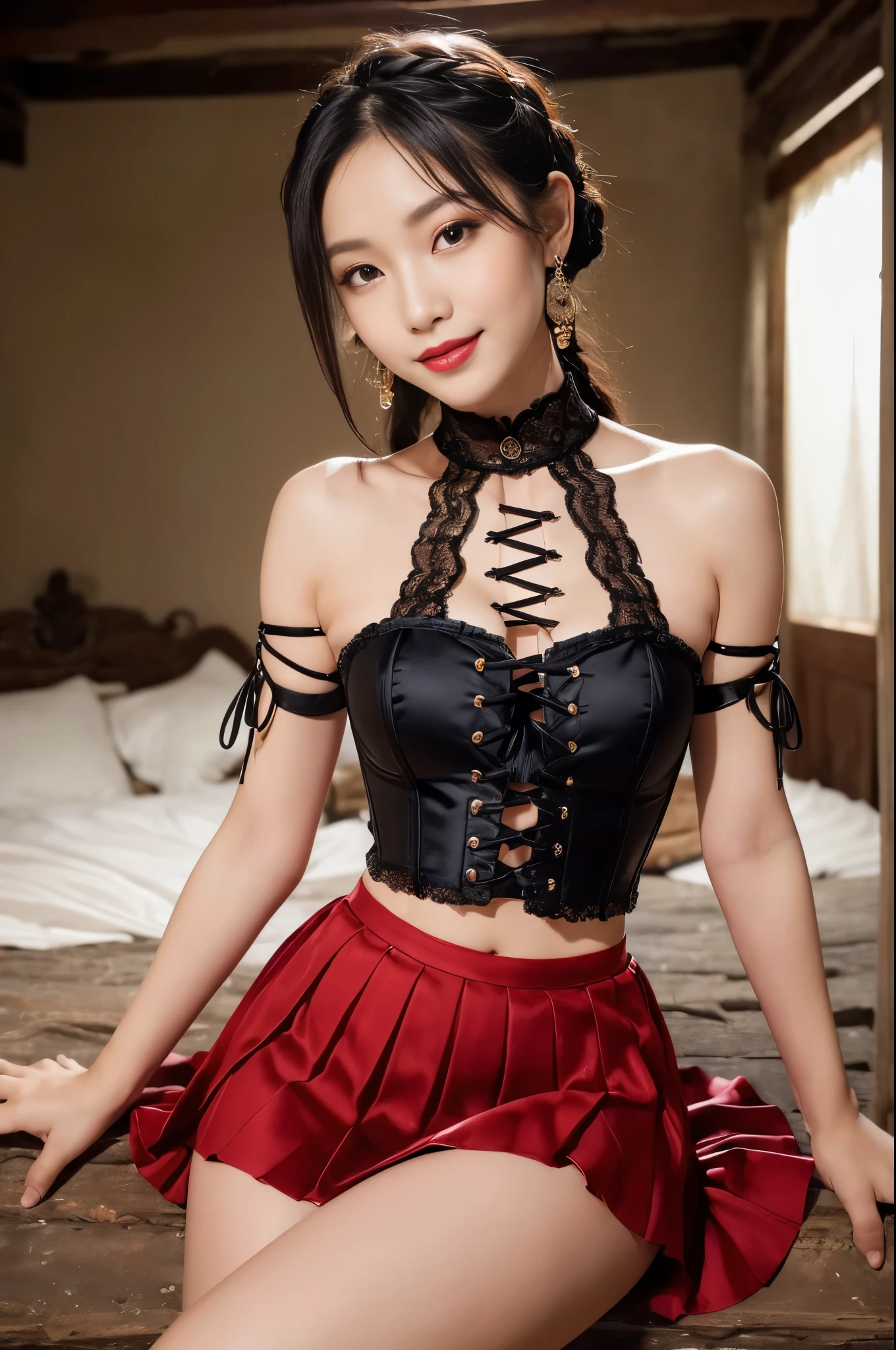 ((Photo from upper body to thigh: 1.4)), ((best soft studio lighting: 1.2)), (sexy Thai model: 1.3), photorealistic, ultra high resolution, closeup photo, (smiling face), long natural flowing hair, small breasts, (ultra detailed beautiful face), BREAK, clear sharp focus, perfect dark eyeshadow, vivid colors, (in the clearing of an ultra detailed ancient mystery forest: 1.3), bold lipstick, lip-gloss, black sparkling jewelry, wear an off-shoulder top, ultra detailed silk choker, full bodyesbian, ((Red-black pleated mini skirt)), (ultra detailed lace-up corset (lacy red or crimson) silked), ((Versace silked bustier top)), ((lace-up)), (sexy braided hold-up tights), (-pantise), blue eyeliner, (beautiful princess with long legs and good style)