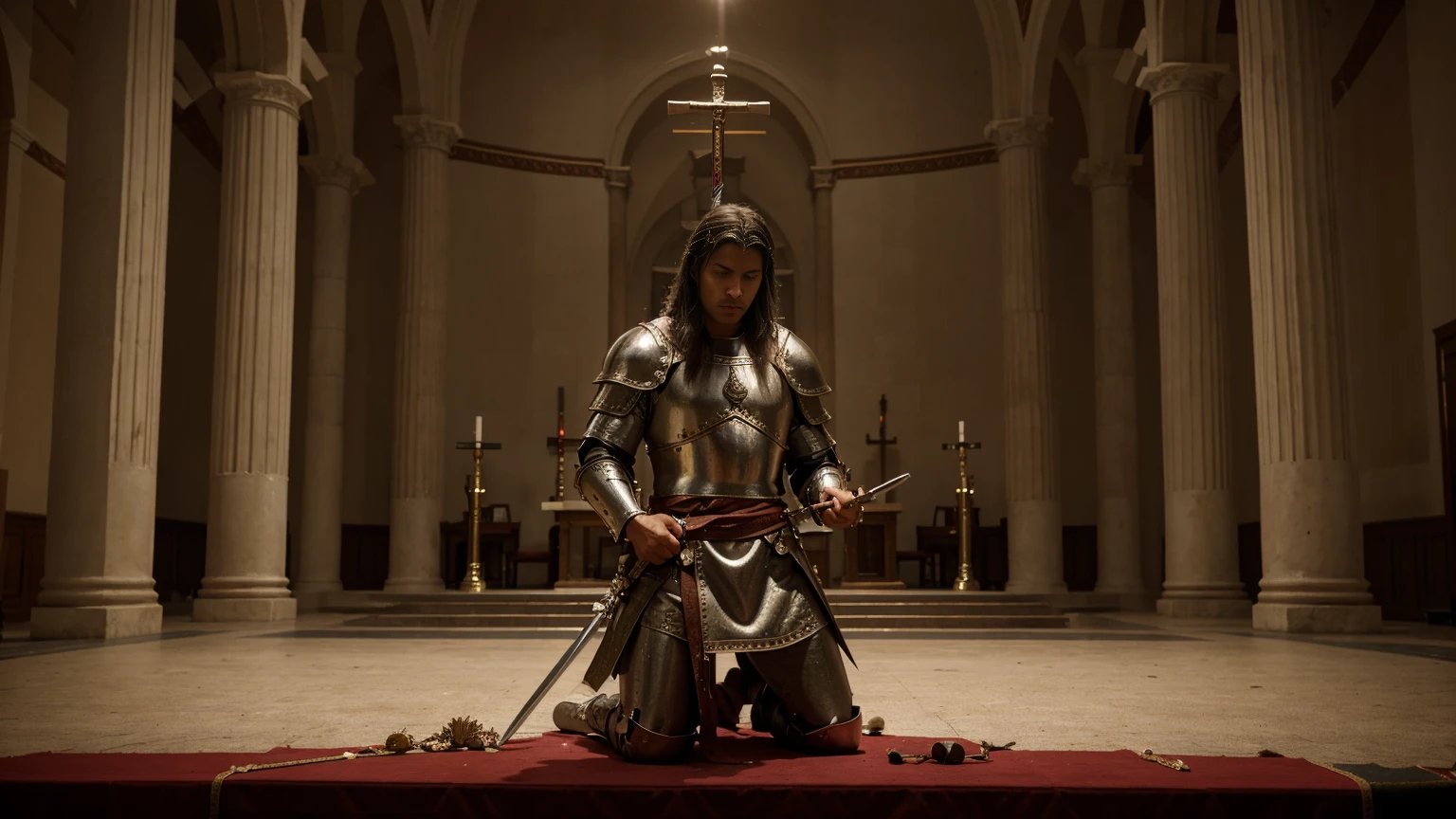 A realistic cinematic photo style image of medieval warrior Saint George in his armor in a reverent pose, kneeling before a sacred altar, demonstrating his devotion and faithful service to God. He has his sword at his side, showing his duality as a warrior and servant of God. The soft, heavenly lighting highlights his holiness and loyalty, emphasizing his role as a holy warrior and dedicated servant.