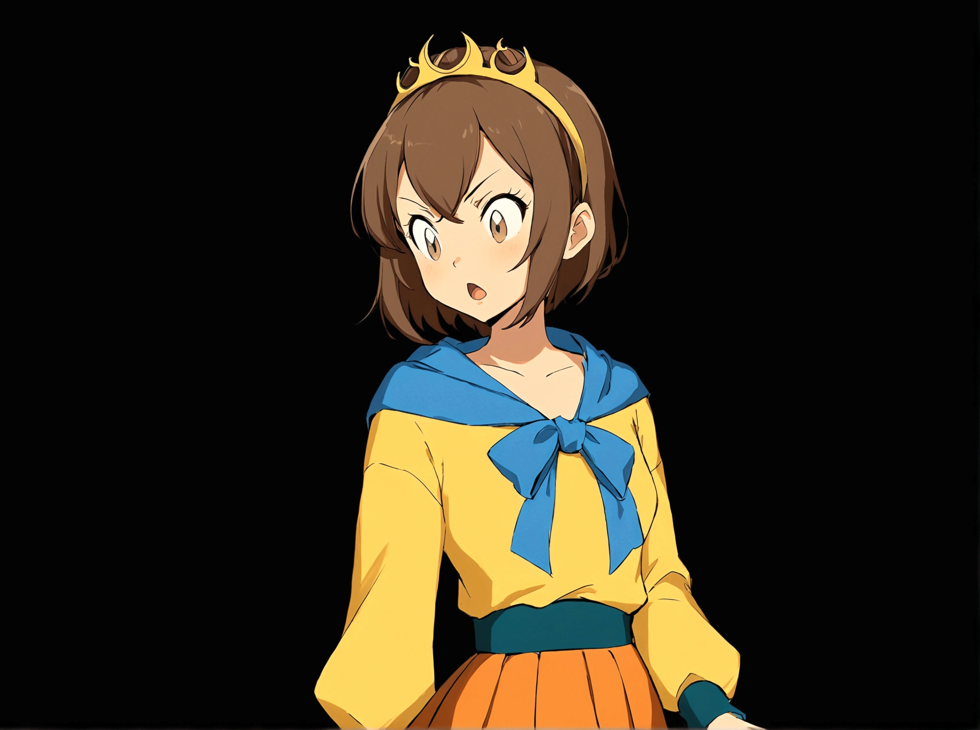 1girl, solo, short hair, open mouth, skirt, simple background, brown hair, shirt, long sleeves, brown eyes, parody, looking down, hair hoop, black background