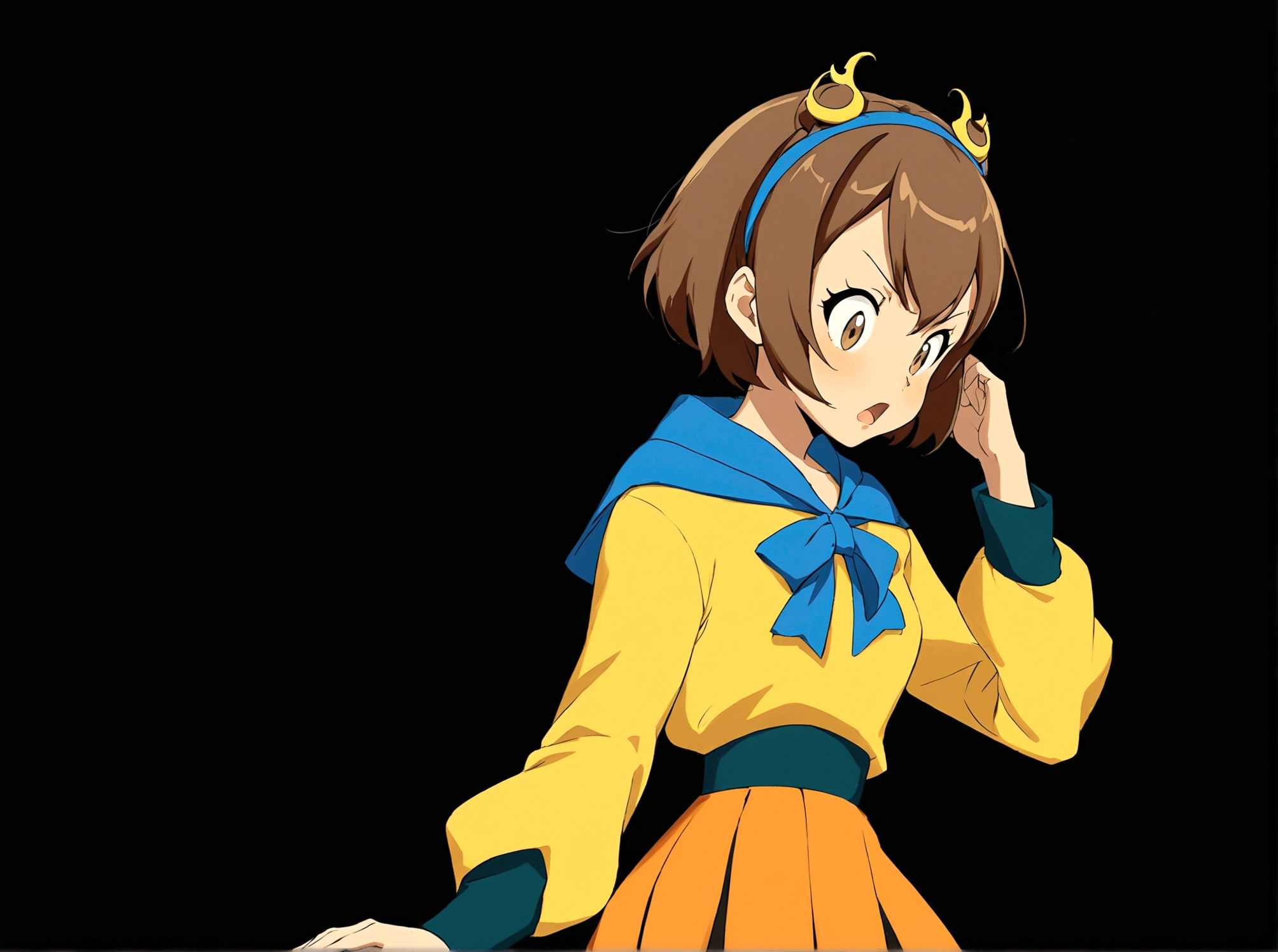 1girl, solo, short hair, open mouth, skirt, simple background, brown hair, shirt, long sleeves, brown eyes, parody, looking down, hair hoop, black background